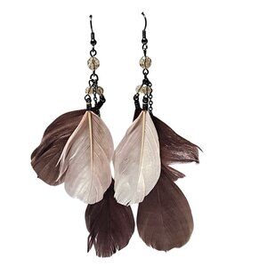 Boho Feather Dangle Earrings Bead Accents Neutral Tones Fashion Jewelry Women